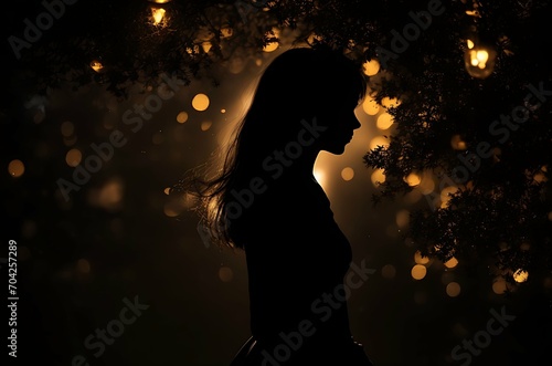 A portrait of a woman illuminated by natural lights with a bokeh background,