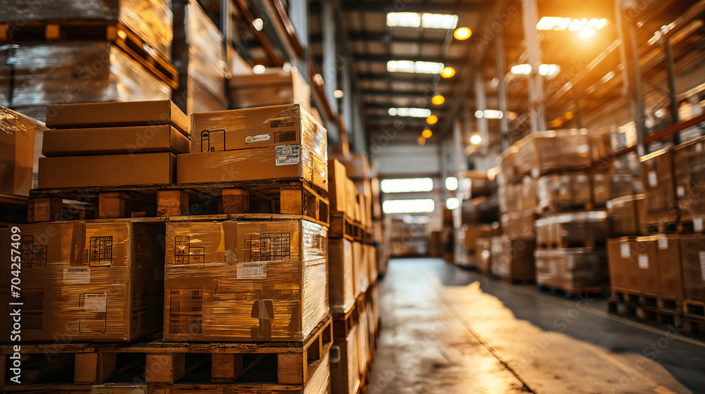 Warehouse interior with pallets and cardboard boxes on shelves. Warehouse interior with pallets and cardboard boxes on shelves.