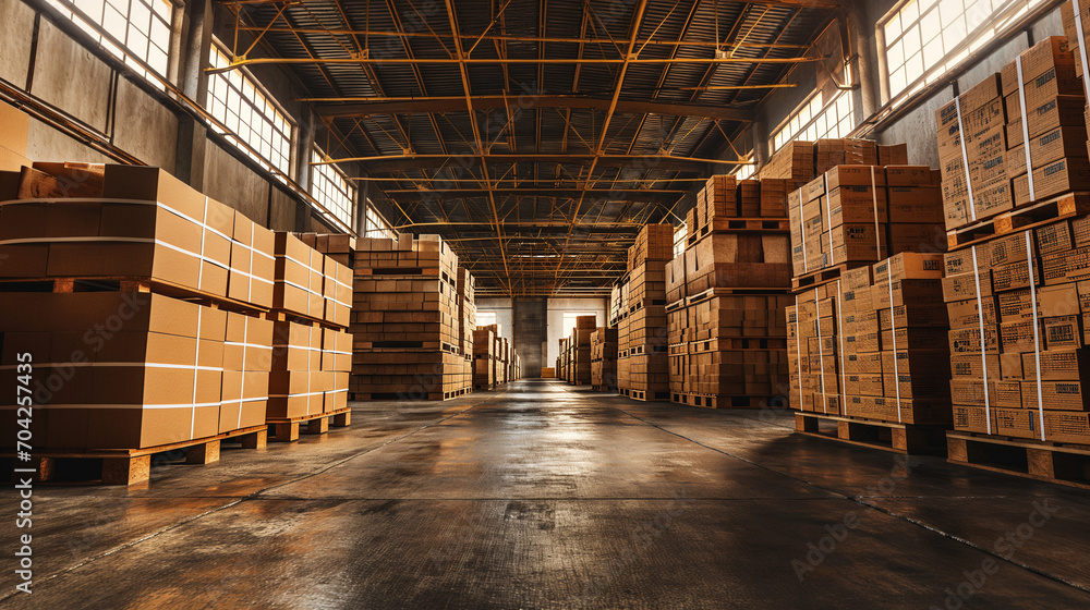 Warehouse with pallets filled with cardboard boxes. Shipping and freight industry. - obrazy, fototapety, plakaty 