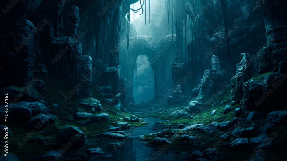 Mystical forest scene with ancient trees framing a path leading to an ethereal glowing magical body of water. illustrations of fantasy literature, game environments, or themes of magical exploration