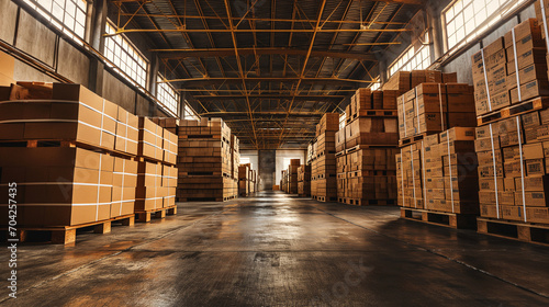 Warehouse with pallets filled with cardboard boxes. Shipping and freight industry.