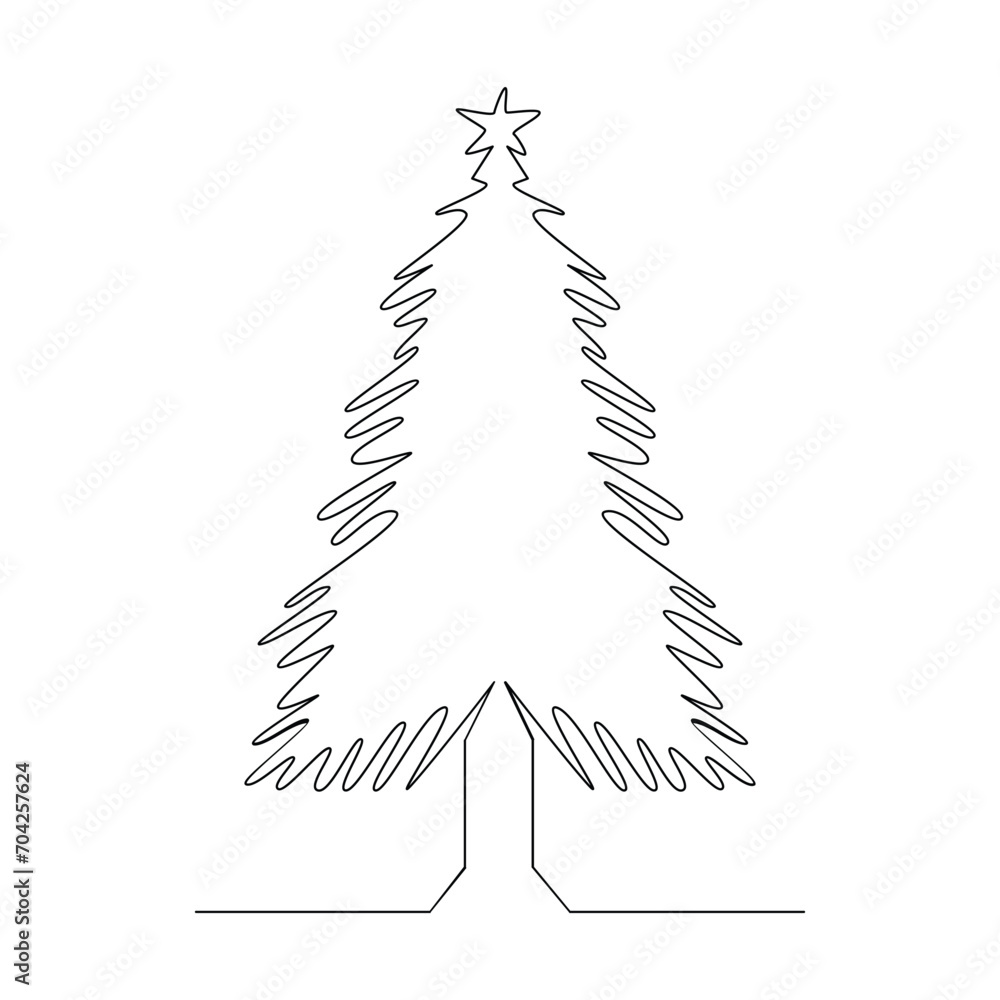 Christmas tree in continuous single line art outline easy drawing ...