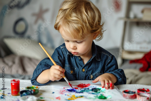 A boy painting colorwater on table photo