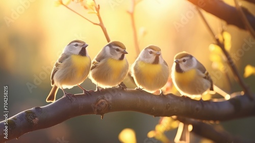 Five birds are singing on the branch, soft focus photography, manga, UHD, hyper quality  © sambath