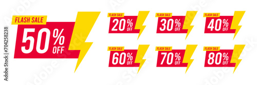 Flash sale discounts from 20, 30, 40, 50, 60, 70, 80 percent. Trendy red sales promotion banner element. Vector illustration