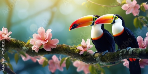 Hyper realistic photo quality double toucans on a blooming branch with 777 text and a green forestry background