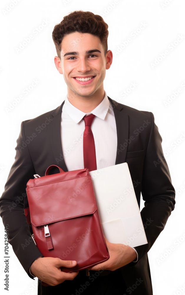 Photo of smiling israeli student, age 25, bag, red folder, white background, 8k Photo of smiling israeli student, age 25, bag, red folder, white background, 8k