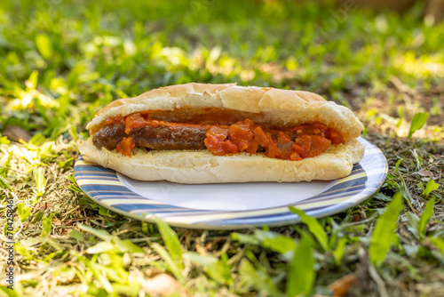 boerewors roll  on a picnic plate with relish