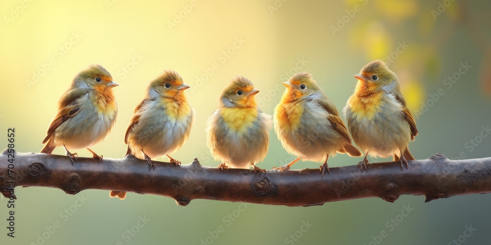 The picture depicts five birds standing on a branch, three of which are singing and two are chatting, soft focus photography, romanticism, 8K, HDR