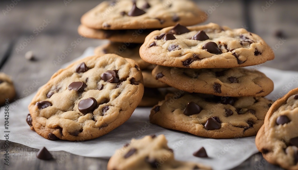 Chocolate chip cookies on rustic wooden background, selective focus.