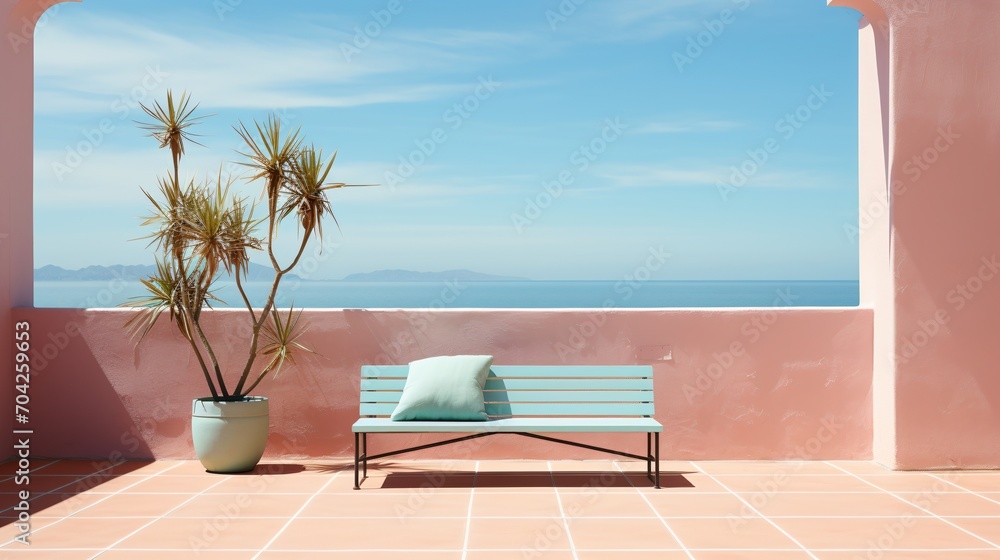 Blue bench on a pink terrace with a potted palm tree overlooking the ocean