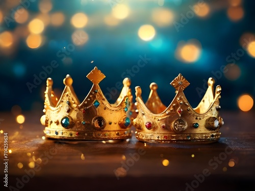 Golden crowns on a table. The crowns are made of gold and are decorated with precious stones. 