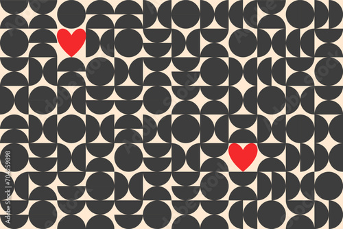 Seamless vector geometric pattern for Valentine's Day . Trendy geometric shapes with circles, squares and hearts in retro style for a Mother's Day or wedding day cover.