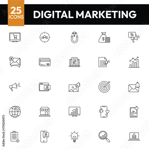 digital marketing linear icon set. includes thin line keywords, solution, success, audience, organic content, sharing, location icons for report, presentation, diagram, web design
