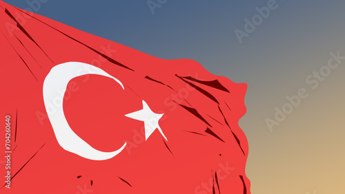Bold vector illustration of the Turkish flag waving against a clear blue sky, symbolizing national pride and significant patriotic days.