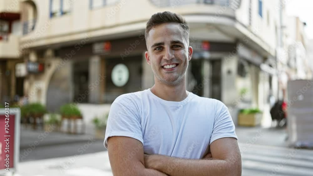 A handsome young man in a white t-shirt poses confidently on a vibrant urban street, exuding charm and casual style. A handsome young man in a white t-shirt poses confidently on a vibrant urban street, exuding charm and casual style.