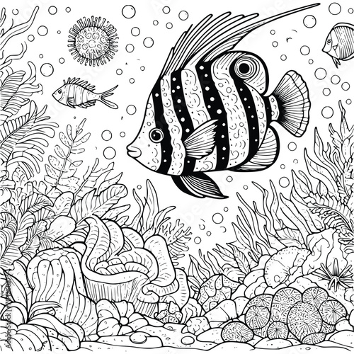 underwater world coloring book hand drawn. ocean life coloring page black and white vector illustration