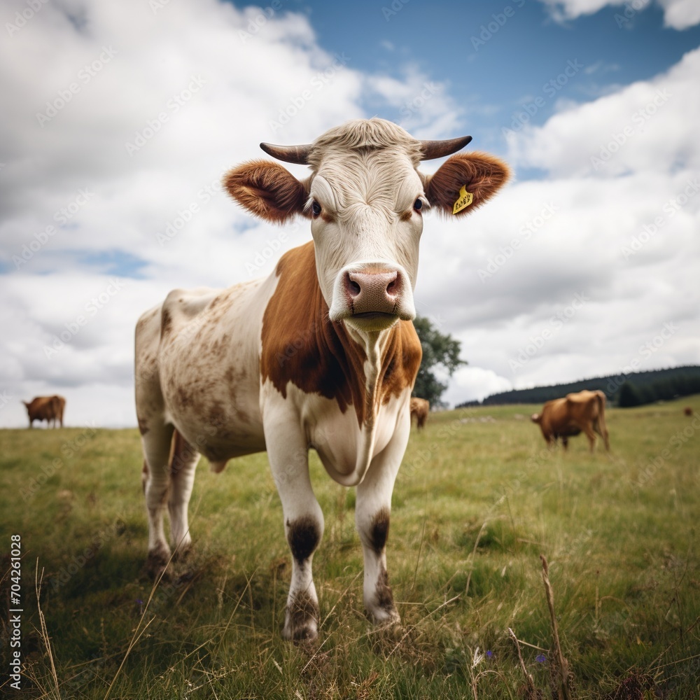 Cow standing in a green field looking at the camera