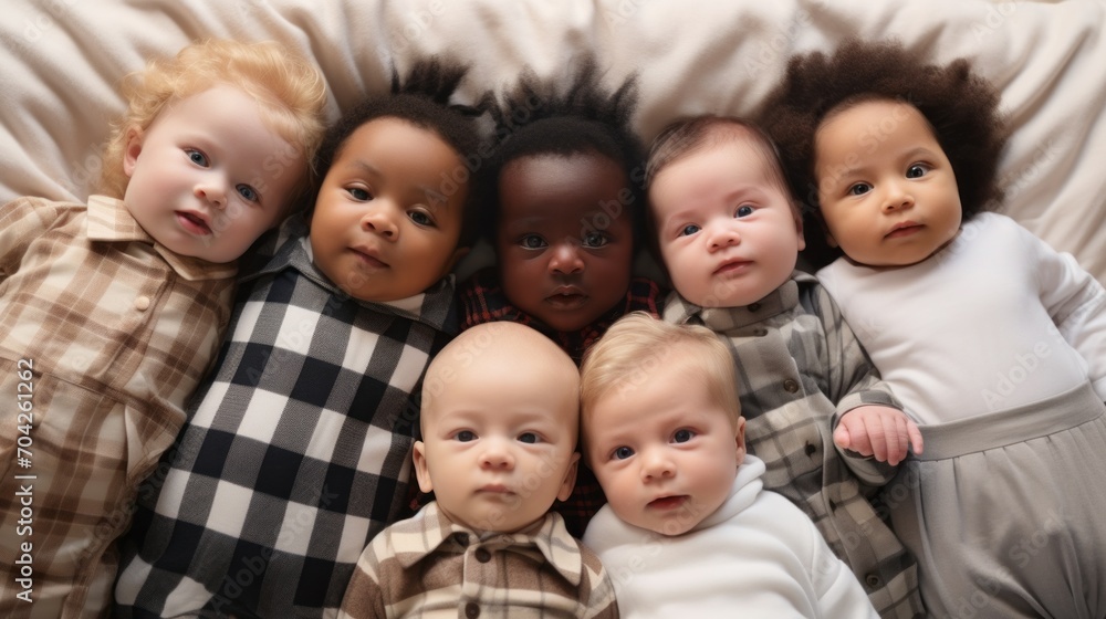 Top view of various multi-ethnic kids lying on a light background and looking at the camera. Group portrait of newborn babies. Professional photo shoot of children of different nationalities and races Top view of various multi-ethnic kids lying on a light background and looking at the camera. Group portrait of newborn babies. Professional photo shoot of children of different nationalities and races