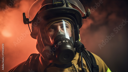 火災現場で働く消防士・自衛隊・レスキュー隊員のアジア人男性 