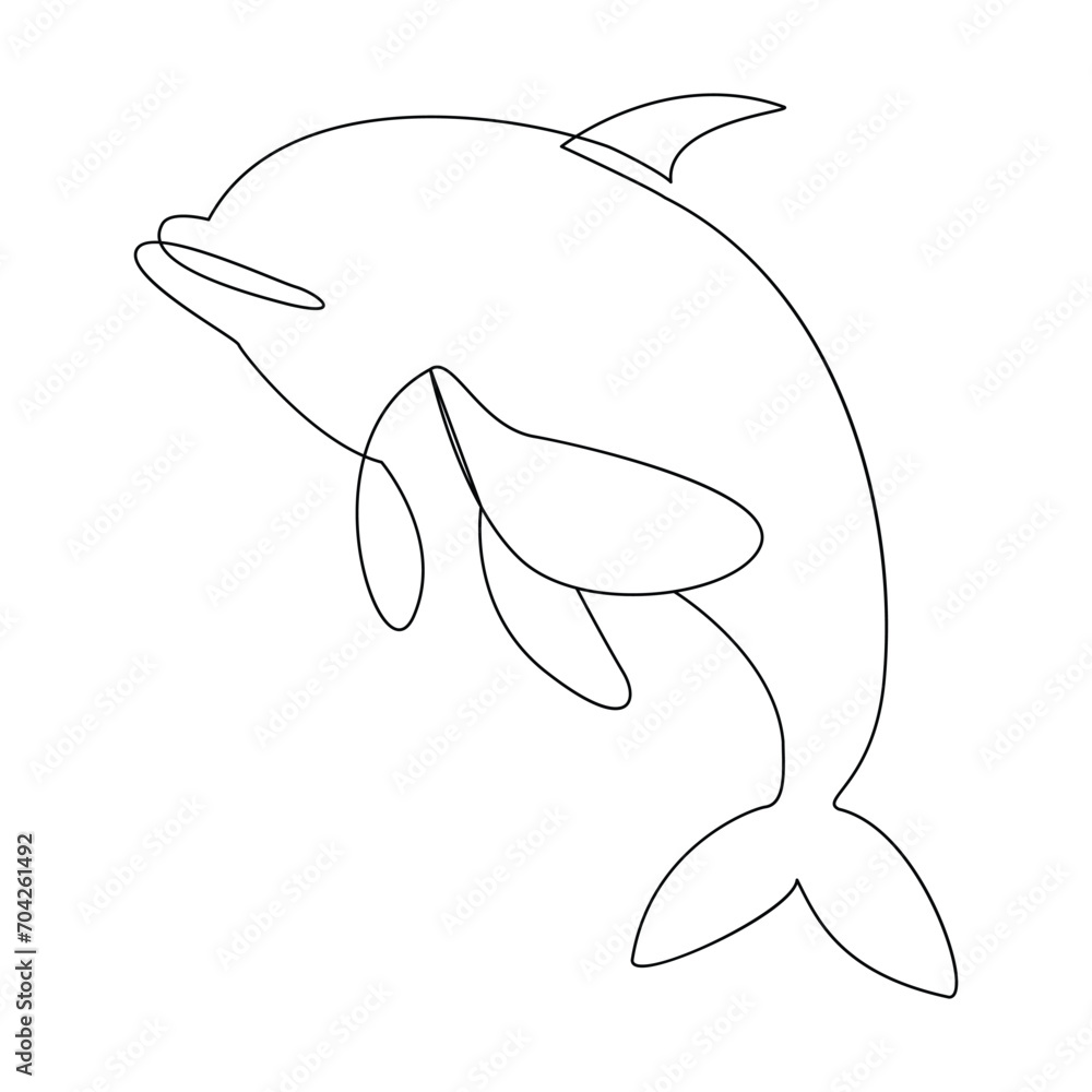 Dolphin jumping continuous single line art drawing on white background pro vector illustration. Dolphin one line drawing best use for logo, poster, banner.