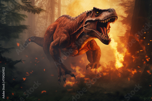 T Rex Dinosaur Screaming and Running in a Forest full of Fire and flames  Extinction event concept. Ai generated
