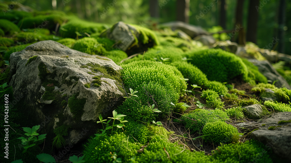 Beautiful bright green moss grown up cover the rough stones in the forest, for product display mockup background Beautiful bright green moss grown up cover the rough stones in the forest, for product display mockup background