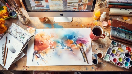 Artist's  workspace with canvas and paints and art supplies