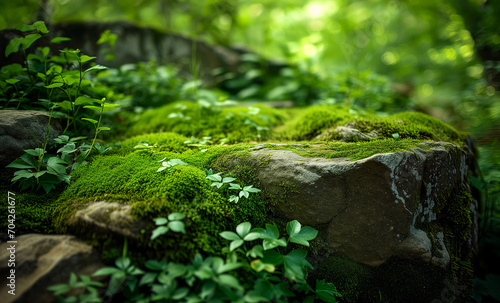 Beautiful bright green moss grown up cover the rough stones in the forest, for product display mockup background