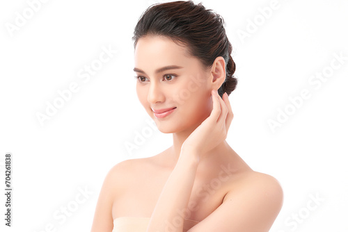 Beautiful young asian woman with clean fresh skin on white background, Face care, Facial treatment, Cosmetology, beauty and spa, Asian women portrait.