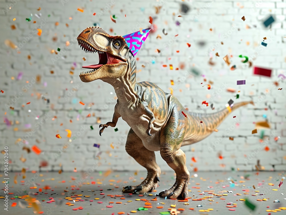 Naklejka premium T-rex dinosaur figurine wearing party hat themed birthday celebration