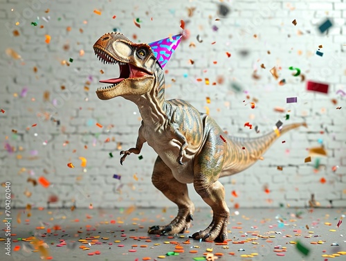 T-rex dinosaur figurine wearing party hat themed birthday celebration © kraftbunnies
