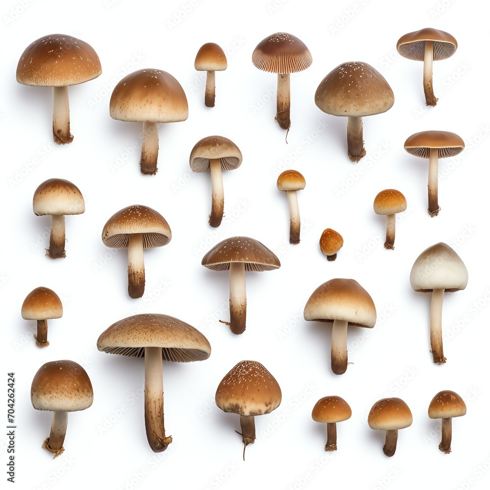 Photograph set of mushrooms, top down view, wite background Photograph set of mushrooms, top down view, wite background