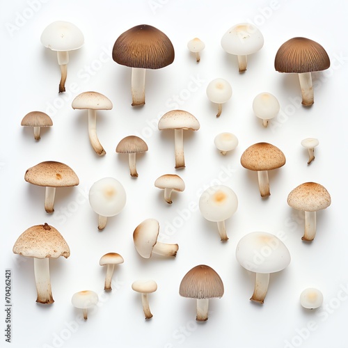 Photograph set of mushrooms, top down view, wite background © mh