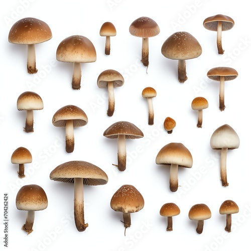 Photograph set of mushrooms, top down view, wite background