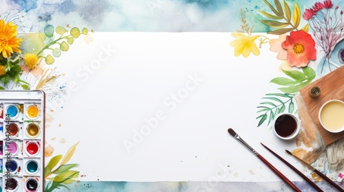 Artist's  workspace with canvas and paints and art supplies