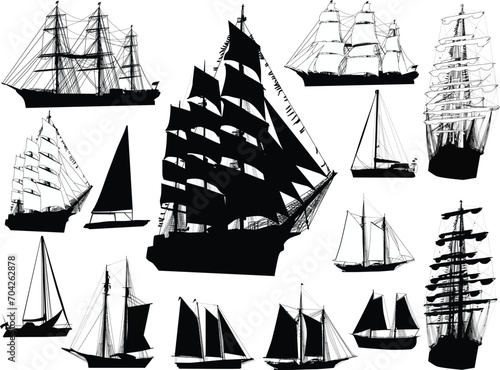 fourteen black ships isolated on white