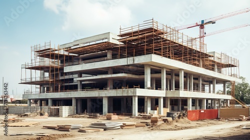 Construction site of a modern building with scaffolding and a tower crane