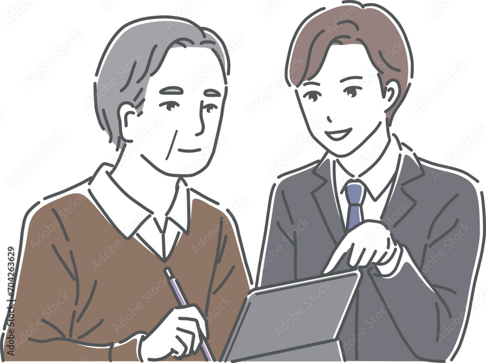 年配の男性に説明をする男性講師のイラスト素材