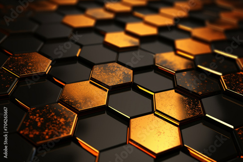                                                           3D                    Black and orange hexagonal background pattern 3D rendering Generative AI 