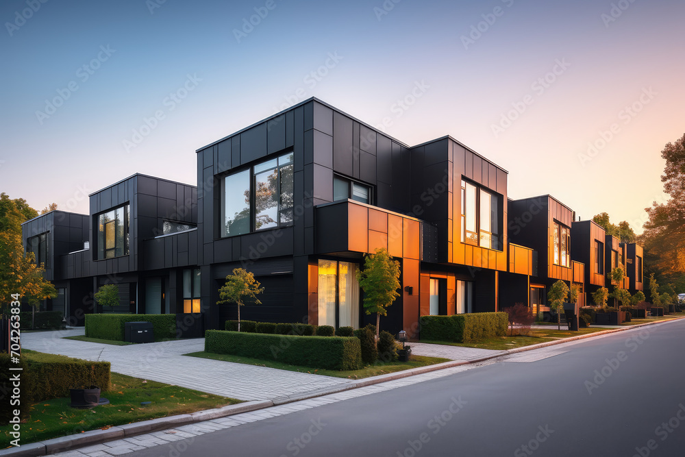 A glimpse into private and luxurious townhome living, featuring modern modular design and striking black exteriors that redefine residential architectural aesthetics.