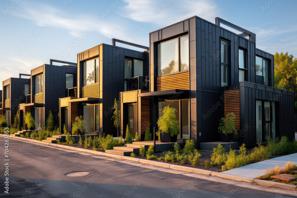 The modern urban living, this image showcases modular black townhouses with a focus on contemporary residential architecture and sleek exterior concepts.