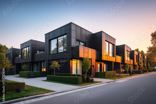 A glimpse into private and luxurious townhome living, featuring modern modular design and striking black exteriors that redefine residential architectural aesthetics.