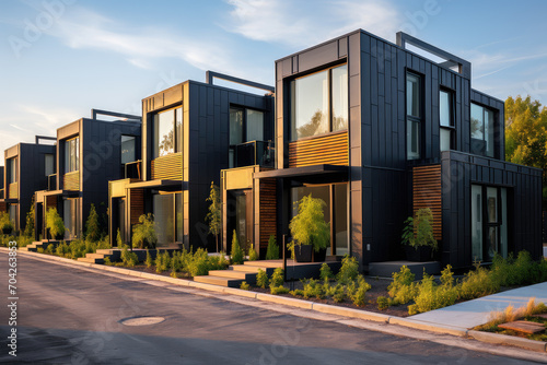 The modern urban living, this image showcases modular black townhouses with a focus on contemporary residential architecture and sleek exterior concepts. © Mongkol