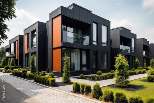 The innovative approach to modern townhouse design  showcasing modular construction  elegant black exteriors  and a sophisticated residential architecture concept.