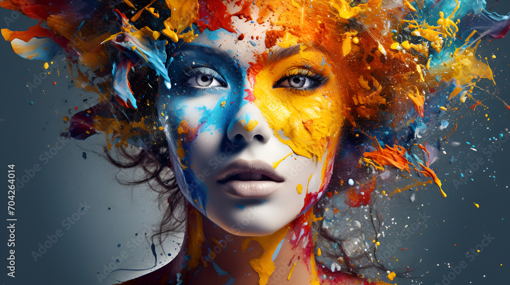  Abstract woman portrait made of paint splashes concept. ai generative