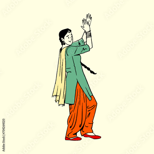 Indian Panjabi women, girl celebrating Lohri festival, Baisakhi Festival, happy dancing woman vector illustration