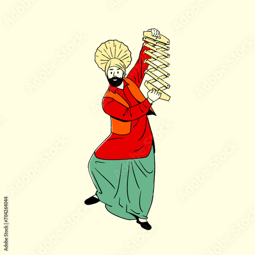 Indian Panjabi man celebrating Lohri festival, Baisakhi Festival, happy dancing vector illustration