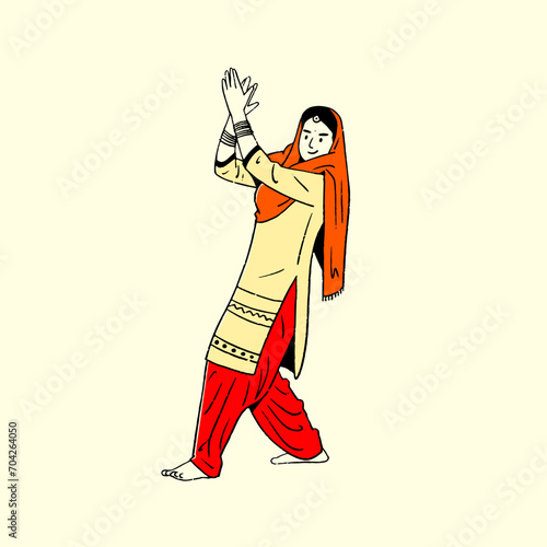 Indian Panjabi women, girl celebrating Lohri festival, Baisakhi Festival, happy dancing woman vector illustration