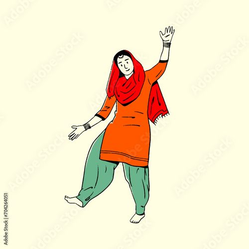 Indian Panjabi women, girl celebrating Lohri festival, Baisakhi Festival, happy dancing woman vector illustration